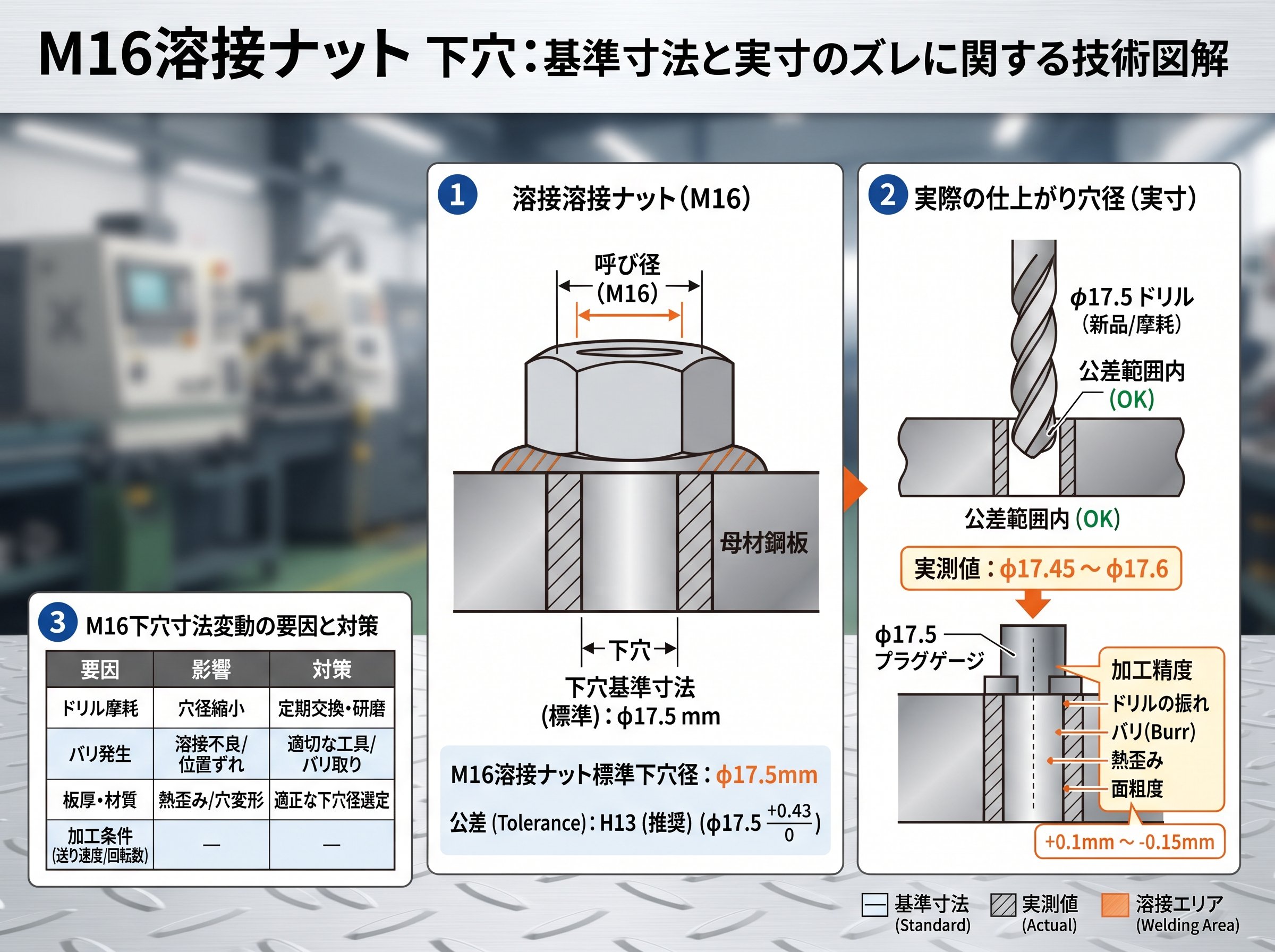 溶接ナット 下穴 m16 サイズ 基準と実寸のズレ
