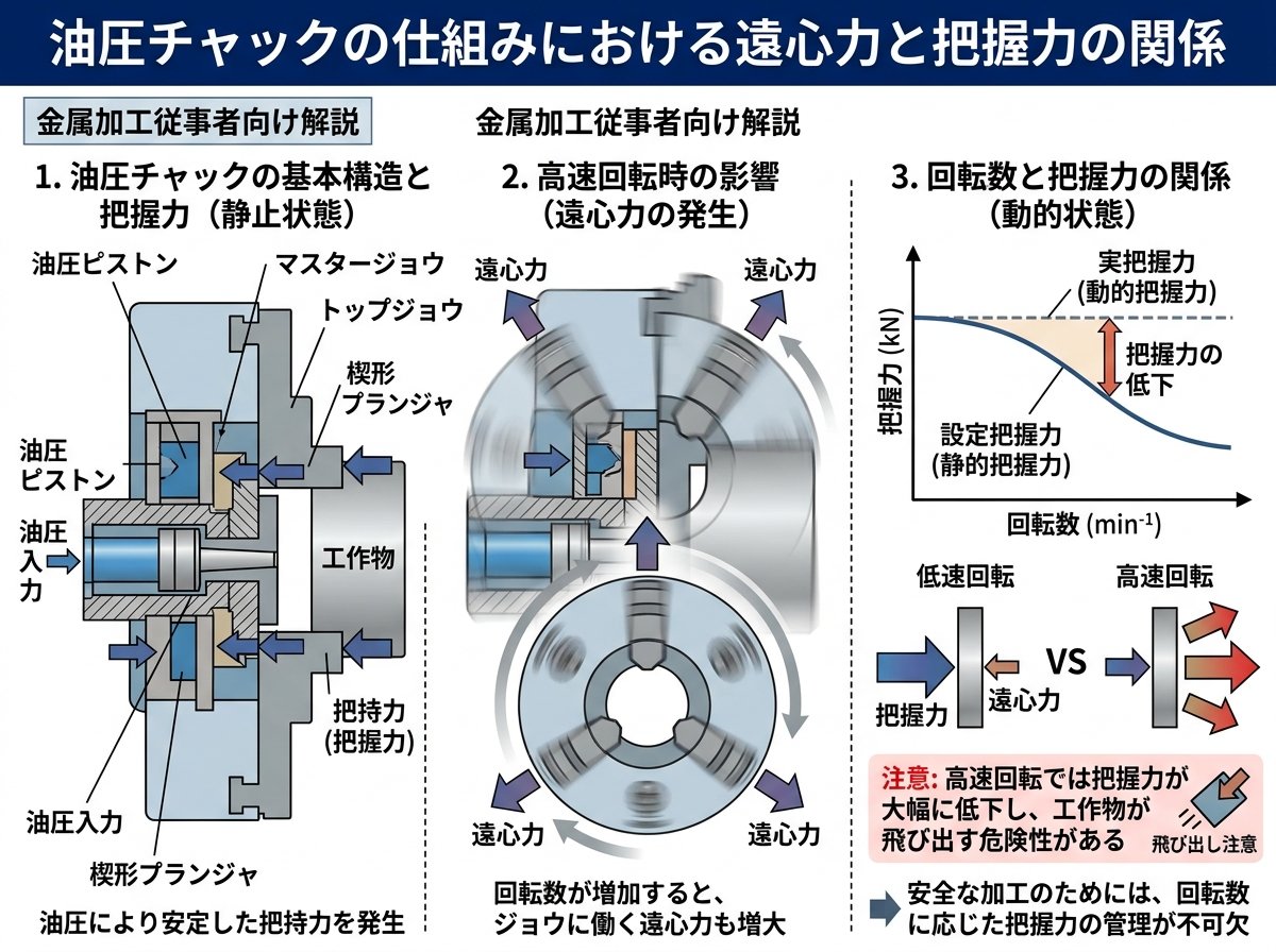 油圧チャックの仕組みにおける遠心力と把握力の関係