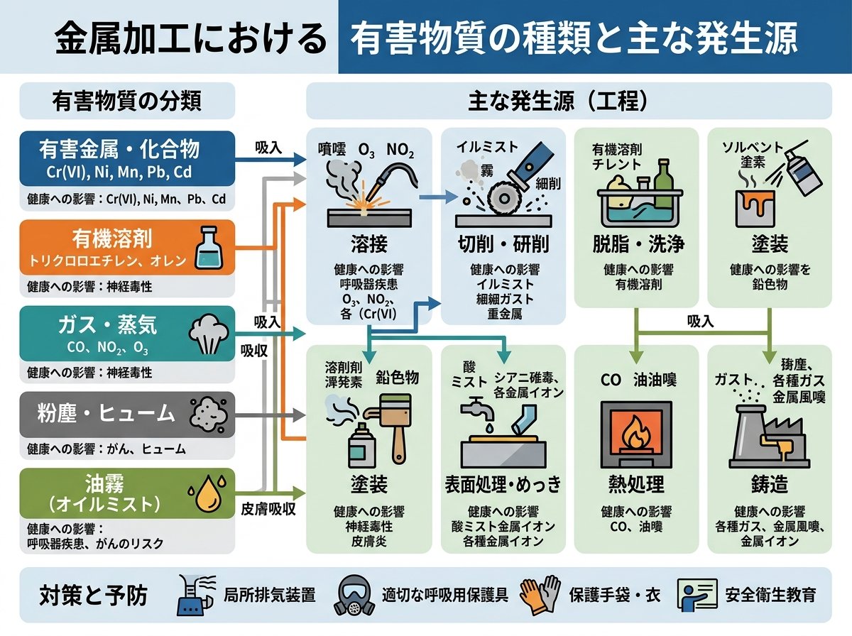 有害物質の種類と金属加工での主な発生源