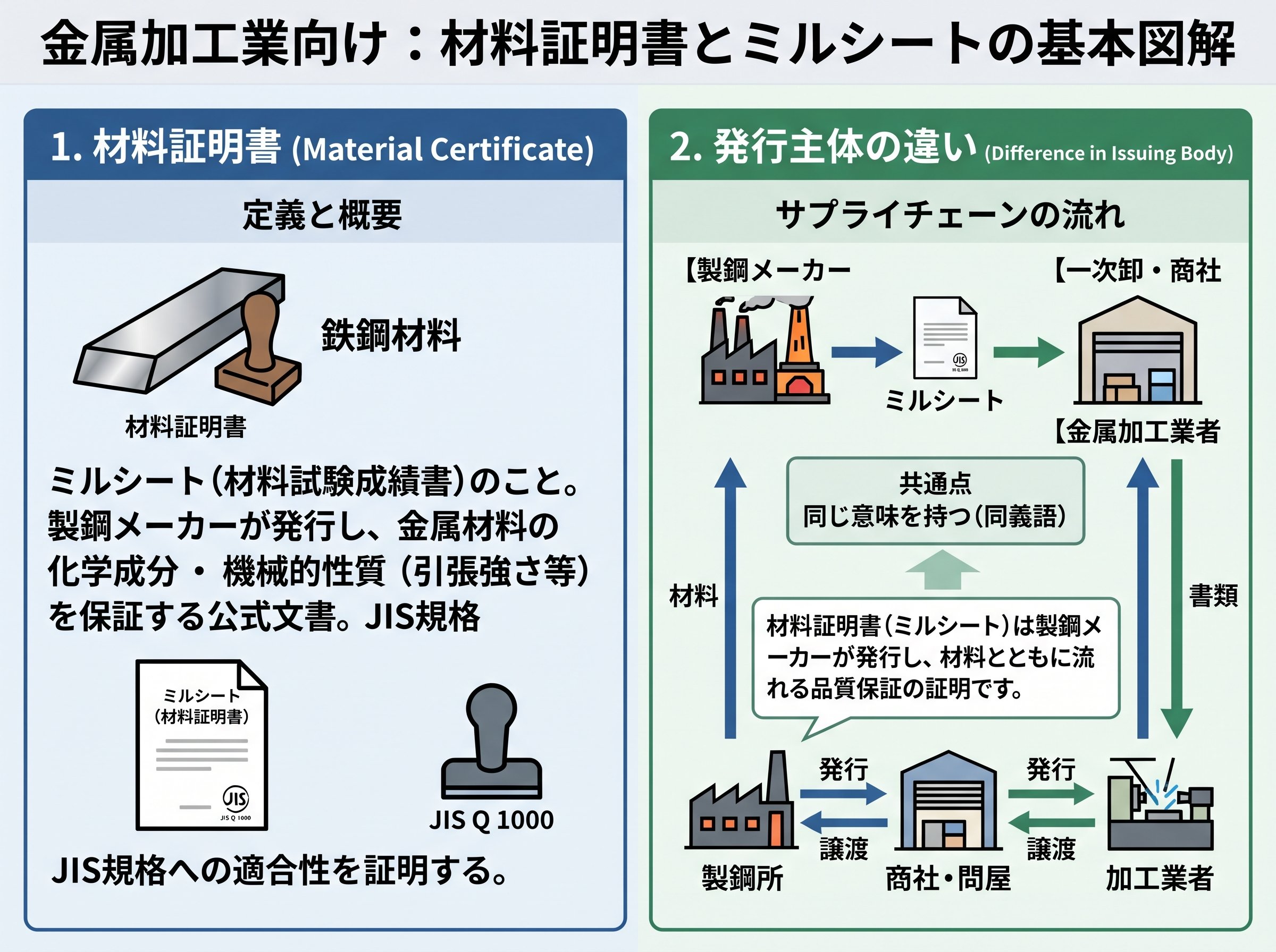 材料証明書とミルシートの基本的な定義と発行主体の違い