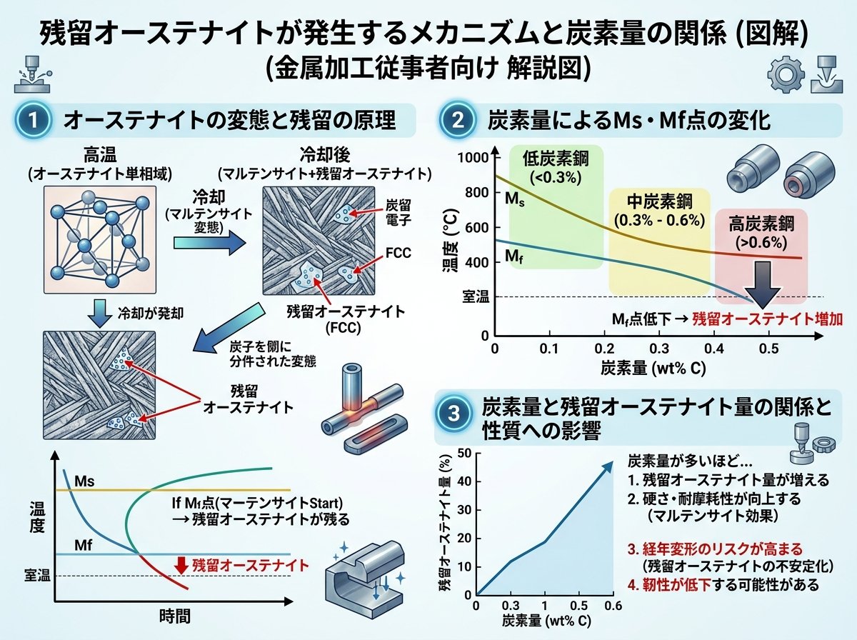 残留オーステナイトが発生するメカニズムと炭素量の関係