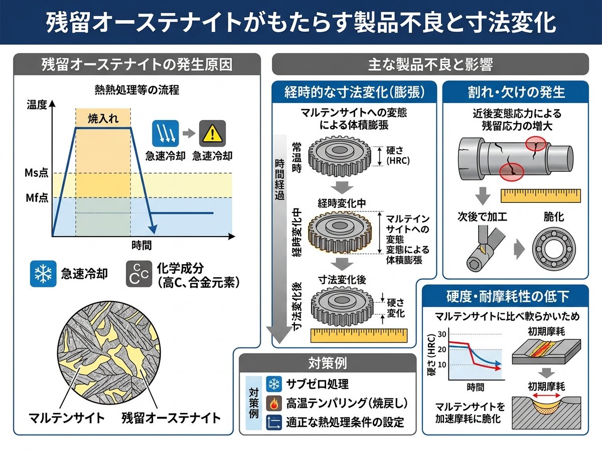 残留オーステナイトがもたらす製品不良と寸法変化